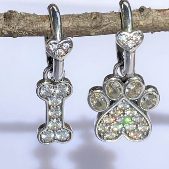 Sterling Silver Paw Print and Bone with Cubic Zirconia Stones Earrings - Picture 5 of 5